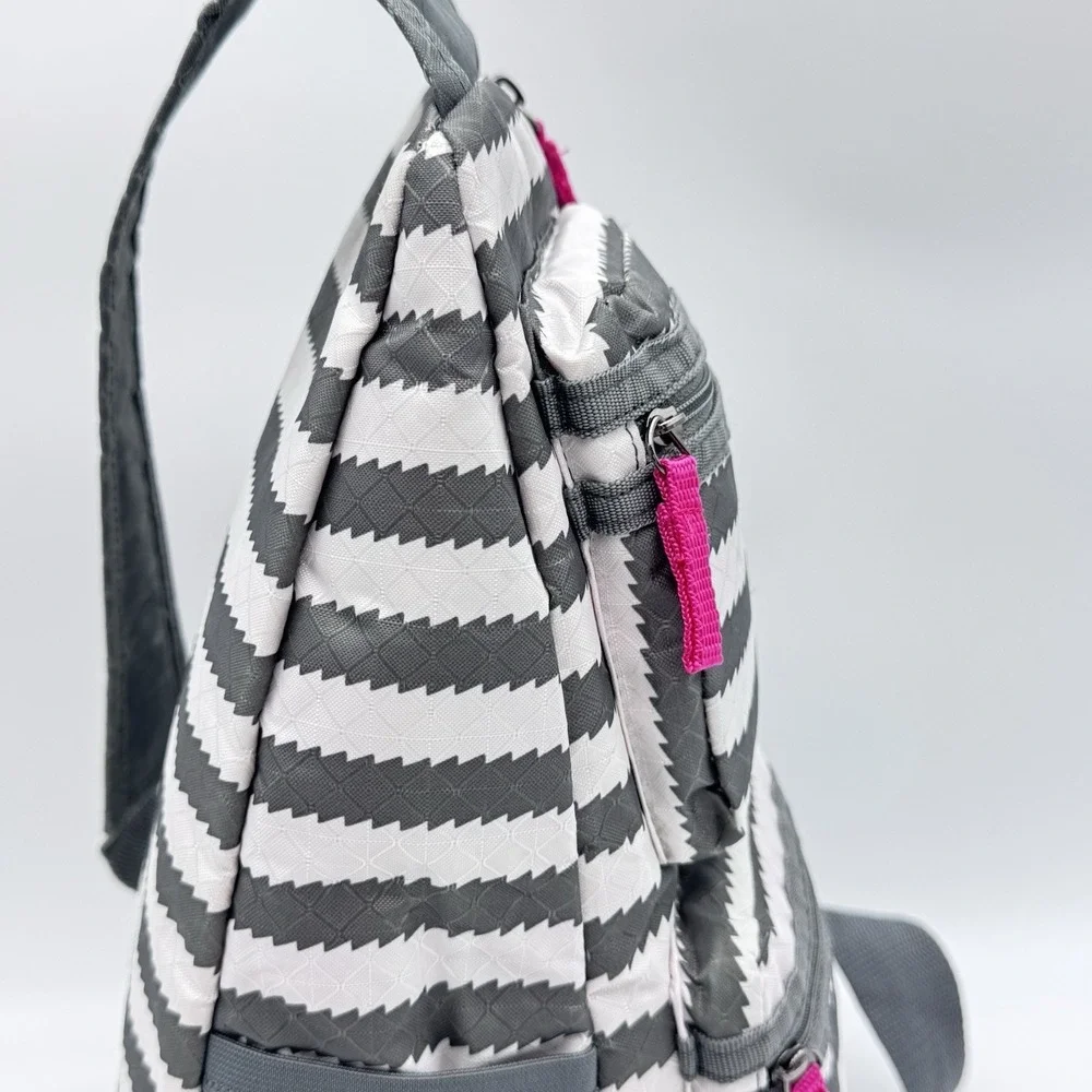 Thirty One Sling Backpack Gray White Chevron Stripe Crossbody Bag Pink Accents